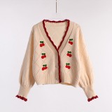 Women Spring Autumn Cherry Embroidered Cardigans Retro Elegant Sweet Puff Sleeve Sweater Short Knitted Tops