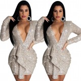 Women′s Deep V Neck Backless Sexy Dress Banquet Party Sequins Tight Package Hip Evening Dress