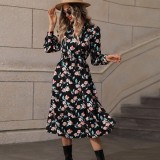 Women′s MID Length Slim Fit Printed V Neck Long Sleeved Dress