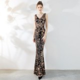 Women′s Sequins Slim Long Fashion V Neck Sexy Sleeveless Dress Bridal Party Fishtail Dress