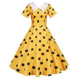 Women Short Sleeve Peter pan Collar Summer Yellow Polka Dot Elegant Party Dress Casual Vintage A-line Midi Sundress