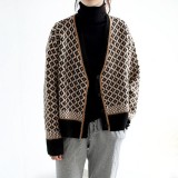 Autumn Winter Women Cardigan Elegant Plaid Pattern Knitted Sweater Fashion Long Sleeve Loose Cardigans Outerwear Chaqueta